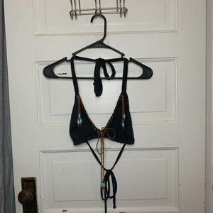 iHeartRaves Black Halter Top Decorated w/Brown Strings & Blue Beads Size L/XL